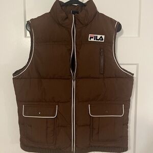 Vintage FILA Sport Full Zip Puffer Vest Jacket Pockets Brown Winter Large